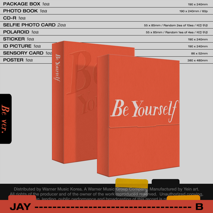 Jay B Be Yourself Be version, Yourself version package box, photobook, CD-R, selfie photocard, polaroid, sticker, ID picture, sensory card, folded poster