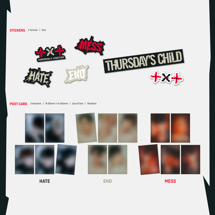 TXT Minisode 2: Thursday's Child 4th Mini Album Hate version, End version, Mess version stickers, postcard
