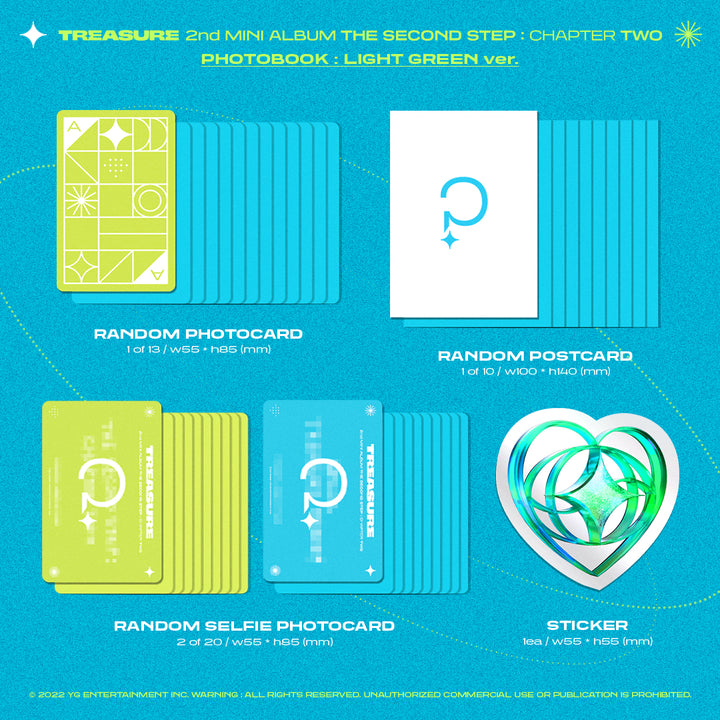 Treasure The Second Step: Chapter Two Light Green version photocard, postcard, selfie photocard, sticker